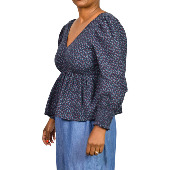 Madewell Tie Back Peplum Top Blue Daisies Floral Ditsy Micro Print Blouse Small - Picture 14 of 16